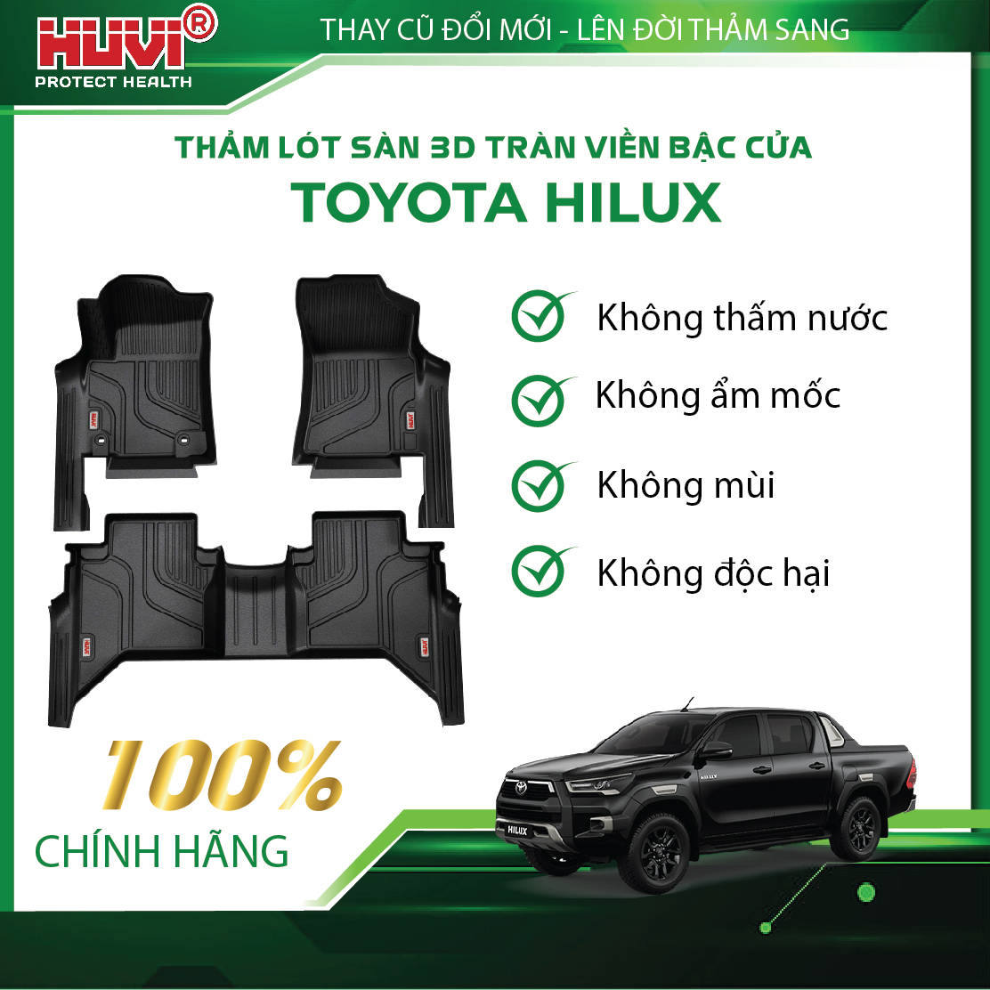 Thảm s&agrave;n Huvi Hilux 2026 tr&agrave;n viền bao phủ ho&agrave;n hảo kh&ocirc;ng gian nội thất
