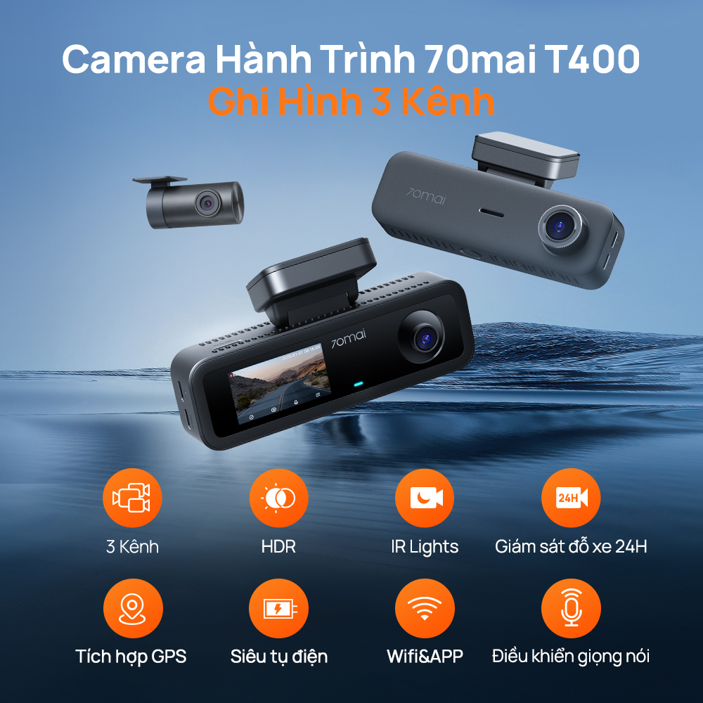 Chi tiết camera 70mai T400 với ống k&iacute;nh trước v&agrave; m&agrave;n h&igrave;nh IPS 2 inch, thể hiện thiết kế nhỏ gọn