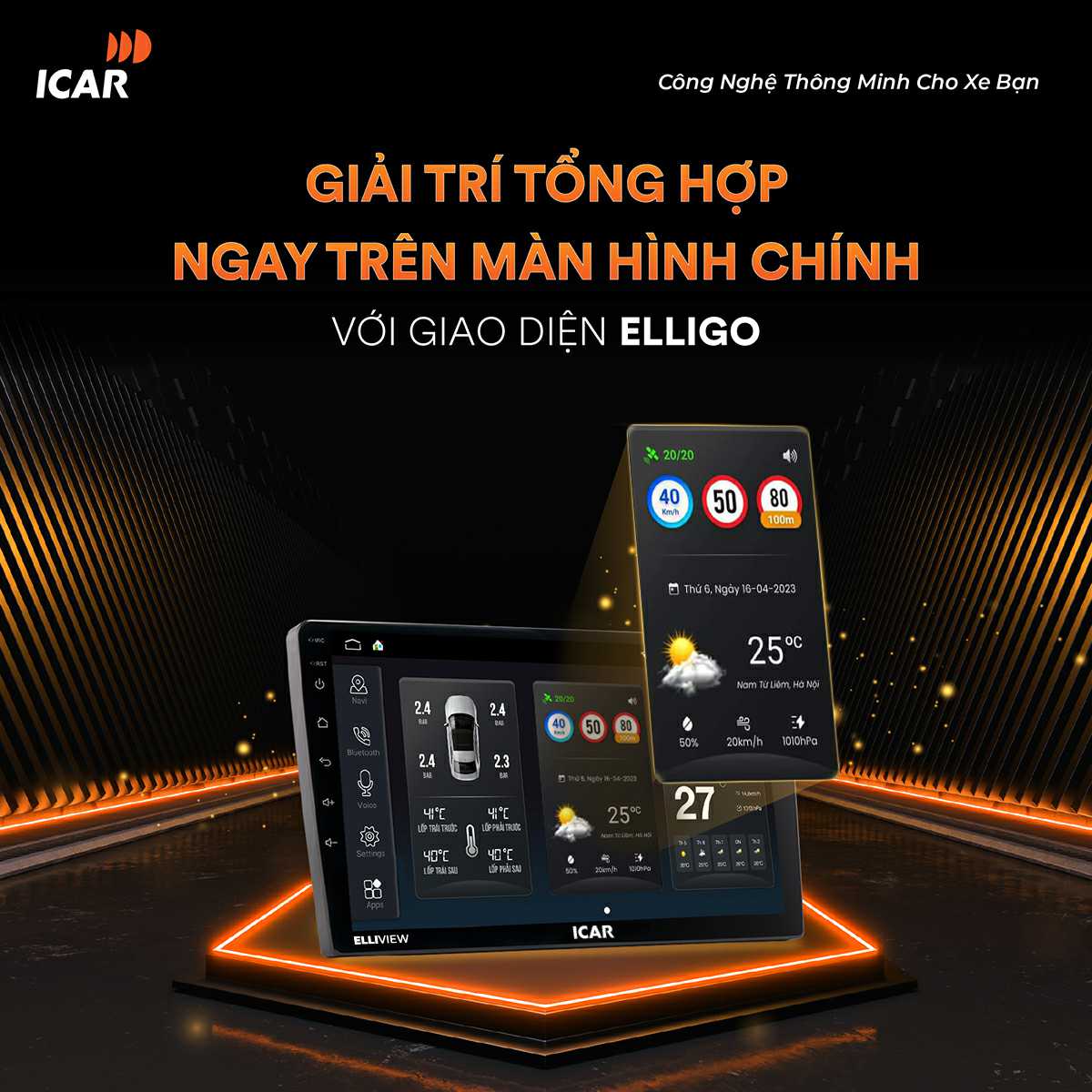 M&agrave;n h&igrave;nh Android Icar Elliview UE NEO+ 9 inch hiển thị giao diện ch&iacute;nh với bản đồ v&agrave; c&aacute;c ứng dụng giải tr&iacute;