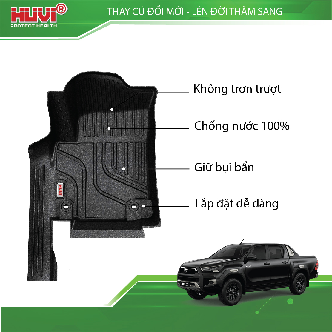 Chi tiết bề mặt thảm s&agrave;n Huvi Hilux 2026 với gờ cao v&agrave; r&atilde;nh s&acirc;u